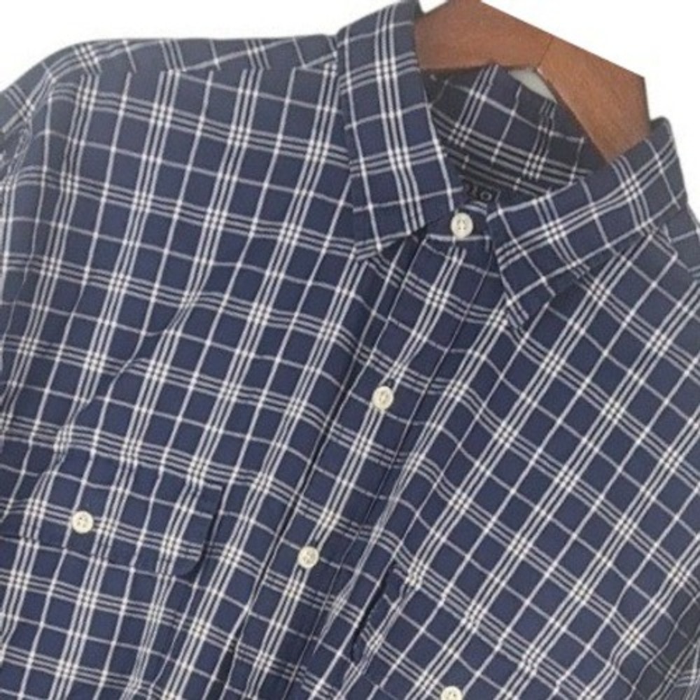 Polo Ralph Lauren Whitfield Mens L Navy Plaid Two-Ply Cotton Button Up Shirt